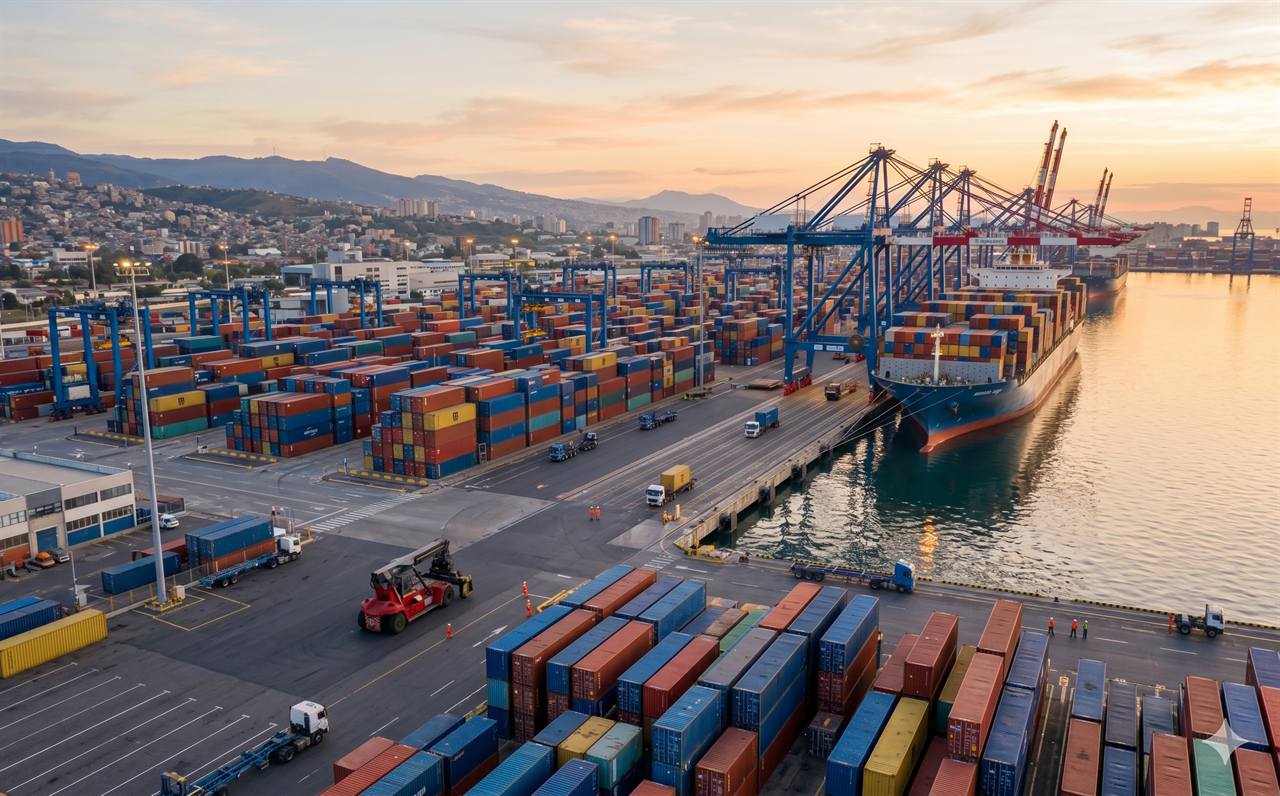 Operación logística internacional en un terminal portuario al amanecer