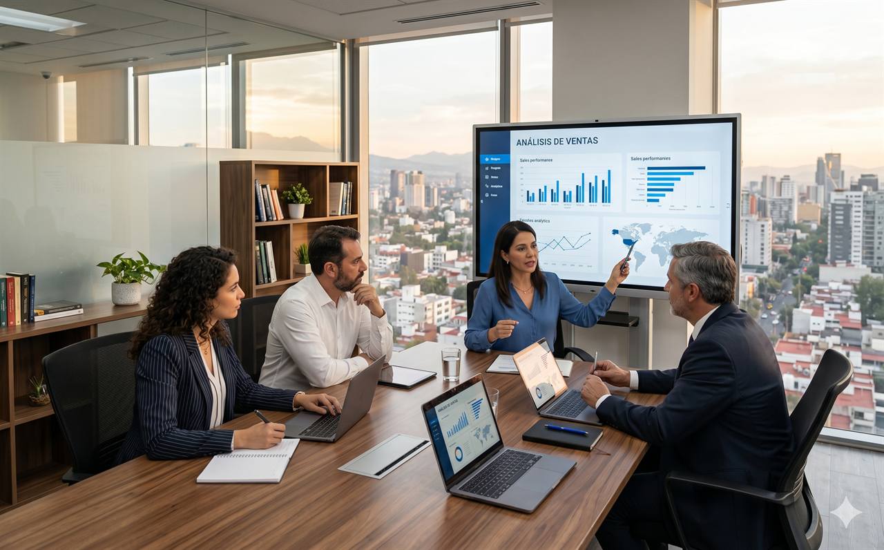 Reunión de estrategia comercial en una oficina logística