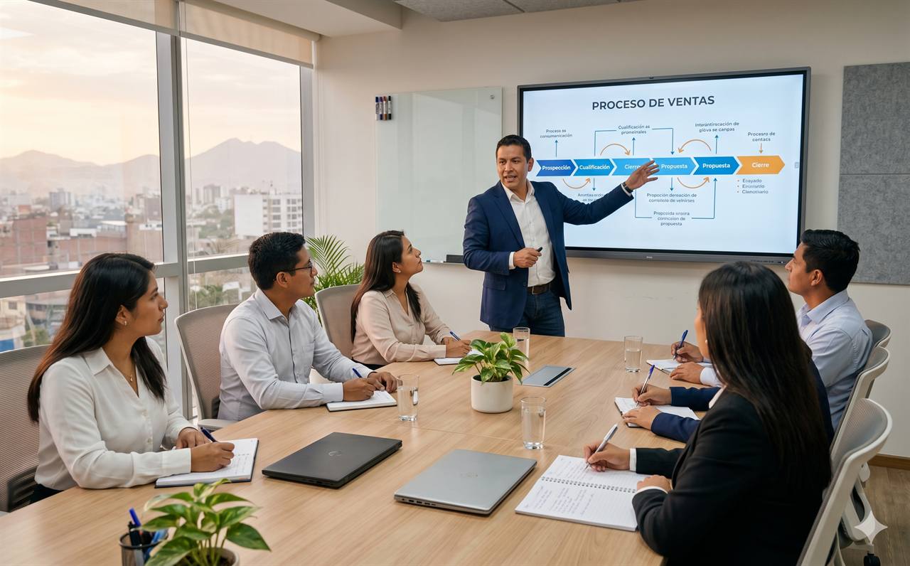 Entrenamiento de un equipo comercial en sala de capacitación