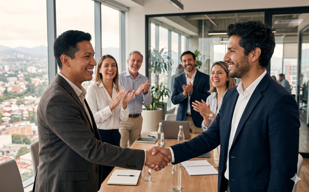 Equipo comercial celebrando un cierre de negocio en oficina